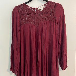 F21 Maroon Dress with Lace and Ruching (S)